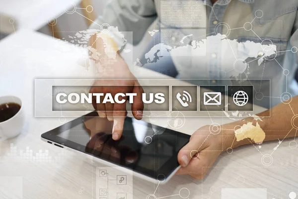 Contact us button and text on virtual screen. Business and technology concept. — Stock Photo, Image