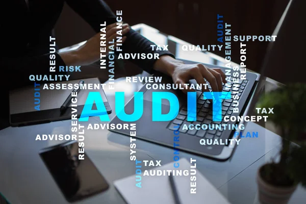 Audit business concept. Auditor. Compliance. Virtual screen technology. Words cloud.