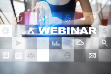 Webinar. E-eğitim, Online Eğitim kavramı. Kişisel gelişim. Sanal ekran.