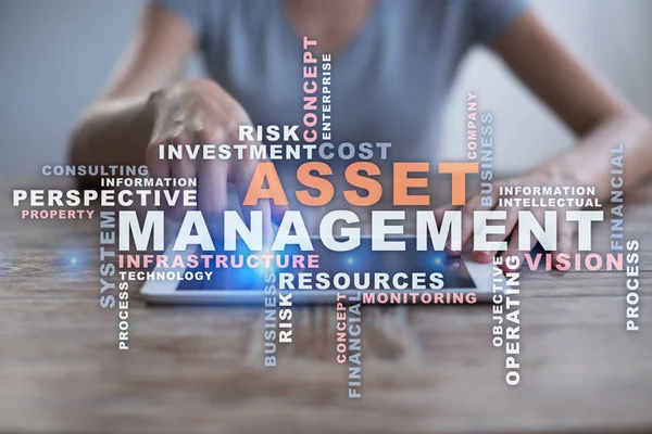 Asset management on the virtual screen. Business concept. Words cloud. — Stock Photo, Image