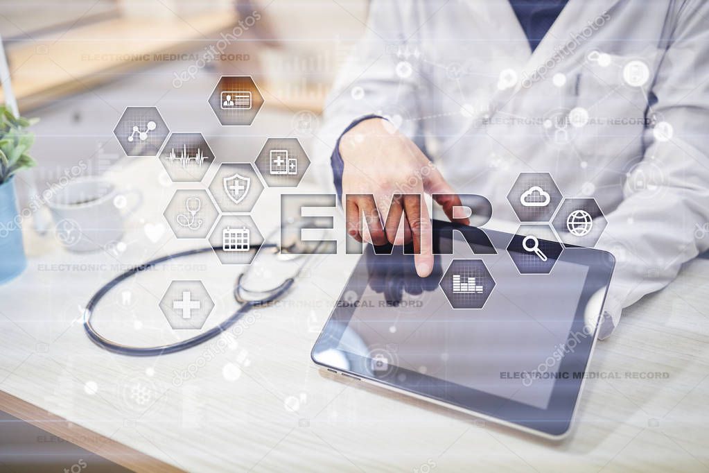 Electronic health record. EHR, EMR. Medicine and healthcare concept. Medical doctor working with modern pc. 