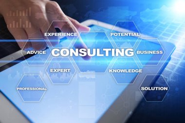 Danışmanlık iş kavramı. Metin ve sanal ekran simgeleri.