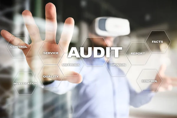 Audit business concept. Auditor. Compliance. Virtual screen technology.