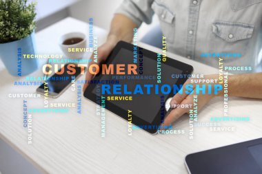 Müşteri ilişkisi yönetimi kavramı sanal ekran üzerinde. Kelime bulutu.