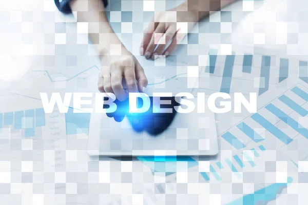 Webdesign und Entwicklungskonzept auf dem virtuellen Bildschirm. — Stockfoto