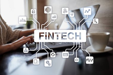 Fintech. Sanal ekran metni Finans teknolojileri. İş, internet ve teknoloji kavramı. 