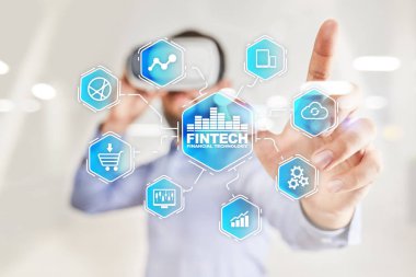 Fintech. Sanal ekran metni Finans teknolojileri. İş, internet ve teknoloji kavramı. 