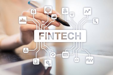 Fintech. Sanal ekran metni Finans teknolojileri. İş, internet ve teknoloji kavramı. 