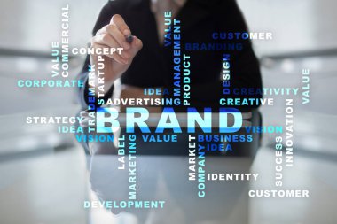 Marka kavramı sanal ekran üzerinde. İş kavramı. Kelime bulutu.