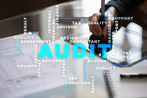 Audit business concept. Auditor. Compliance. Virtual screen technology. Words cloud. — Stock Photo, Image