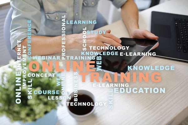 Online training on the virtual screen. Education concept. Words cloud. — Stock Photo, Image