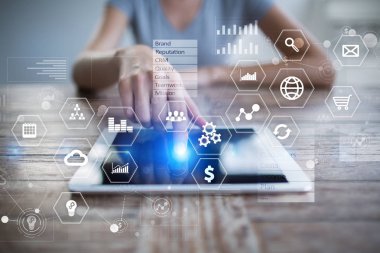 İş ve teknoloji kavramı. Grafikler ve sanal ekran arka planı simgeleri.