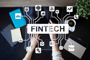 Fintech. Sanal ekran metni Finans teknolojileri. İş, internet ve teknoloji kavramı. 