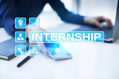 Sanal ekran staj metni. İş, eğitim ve Internet kavramı. 