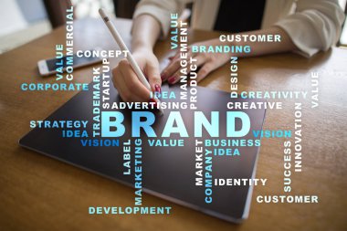 Marka kavramı sanal ekran üzerinde. İş kavramı. Kelime bulutu.