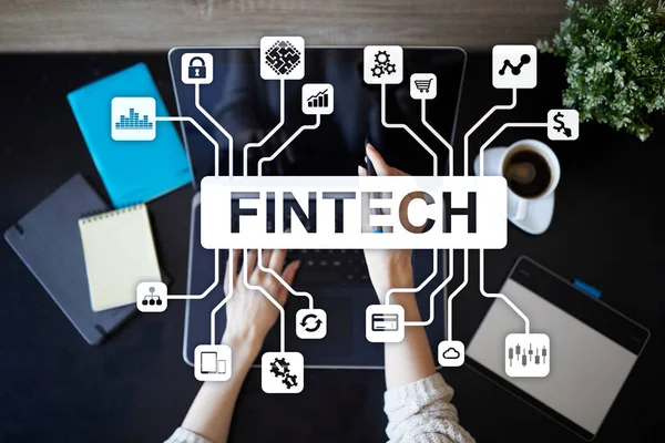 Fintech. Sanal ekran metni Finans teknolojileri. İş, internet ve teknoloji kavramı. 
