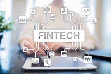Fintech. Sanal ekran metni Finans teknolojileri. İş, internet ve teknoloji kavramı. 