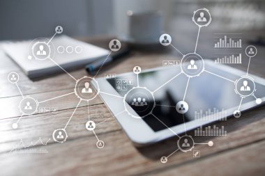 İnsanlar ağ. Organizasyon yapısı. Saatlik sosyal medya. Internet ve teknoloji kavramı.