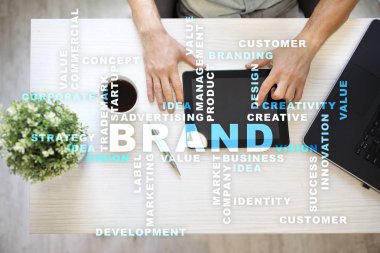 Marka kavramı sanal ekran üzerinde. İş kavramı. Kelime bulutu.