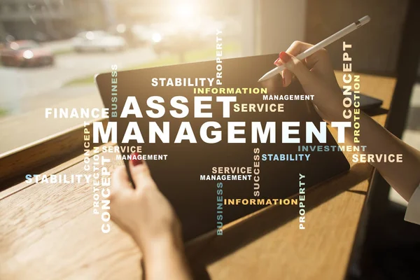 Asset management on the virtual screen. Business concept. Words cloud.