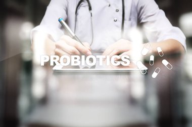 Probiotics. Health improvement. Medication and medicine concept. clipart