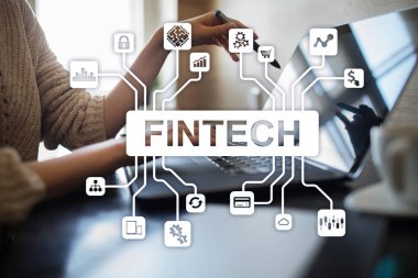 Fintech. Sanal ekran metni Finans teknolojileri. İş, internet ve teknoloji kavramı. 