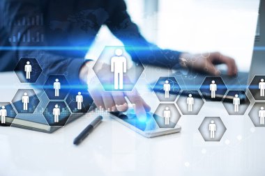 İnsan kaynakları yönetimi, insan kaynakları, işe alım, liderlik ve ekip oluşturma. İş ve teknoloji kavramı.