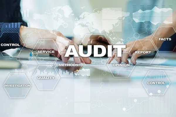 Audit business concept. Auditor. Compliance. Virtual screen technology.