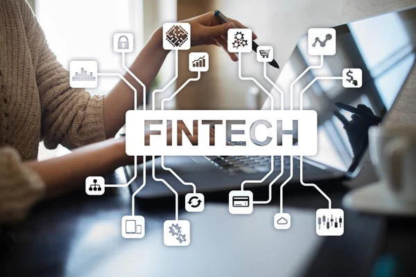 Fintech. Texto de tecnología financiera en pantalla virtual. Concepto de negocio, internet y tecnología . — Foto de Stock