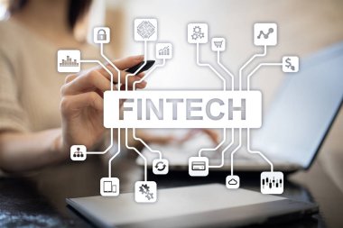 Fintech. Sanal ekran metni Finans teknolojileri. İş, internet ve teknoloji kavramı. 