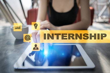 Sanal ekran staj metni. İş, eğitim ve Internet kavramı. 