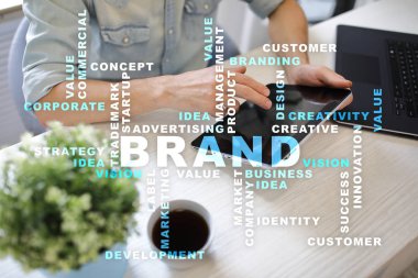 Marka kavramı sanal ekran üzerinde. İş kavramı. Kelime bulutu.