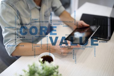 Sanal ekran üzerinde temel değeri. İş kavramı. Kelime bulutu.