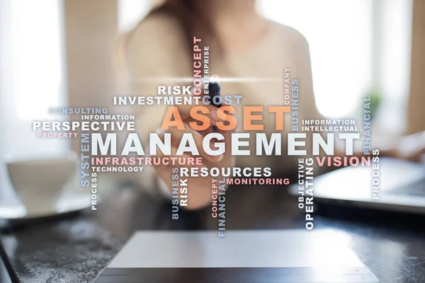 Asset management on the virtual screen. Business concept. Words cloud.