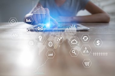 İş ve teknoloji kavramı. Grafikler ve sanal ekran arka planı simgeleri.