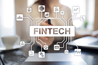 Fintech. Sanal ekran metni Finans teknolojileri. İş, internet ve teknoloji kavramı. 