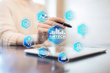 Fintech. Sanal ekran metni Finans teknolojileri. İş, internet ve teknoloji kavramı. 