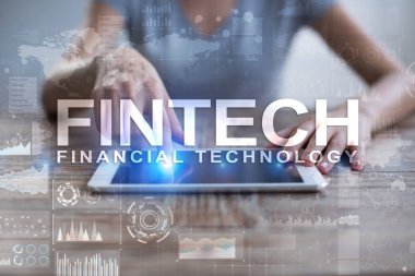 Fintech. Sanal ekran metni Finans teknolojileri. İş, internet ve teknoloji kavramı. 