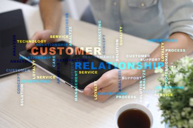 Müşteri ilişkisi yönetimi kavramı sanal ekran üzerinde. Kelime bulutu.