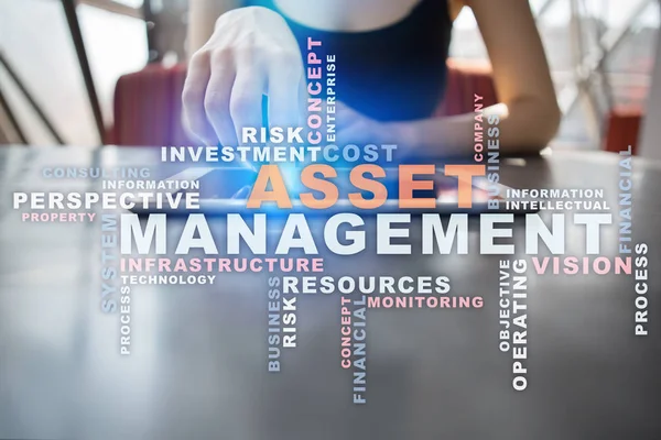 Asset management on the virtual screen. Business concept. Words cloud.