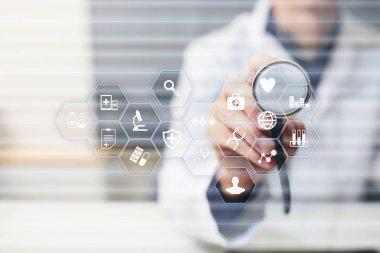 Sanal ekran üzerinde tıbbi kavramı. Sağlık. Online Tıbbi Danışma ve sağlık kontrol, Emr, Ehr.