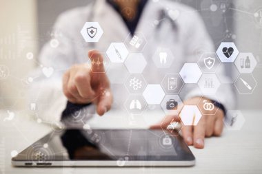 Tıp Doktor modern bilgisayar sanal ekran arayüzü, tıbbi kavramı kullanıyor. EHP, Emr, elektronik sağlık kaydının.