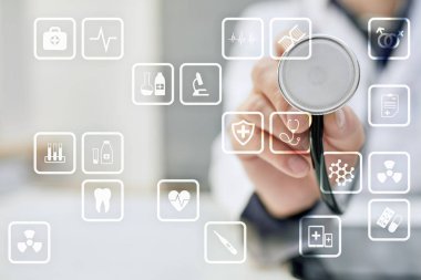 Sanal ekran tıbbi simgeleri. Tıp modern teknoloji.