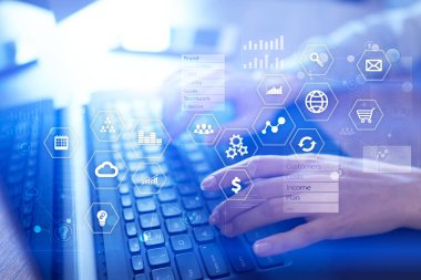 İş ve teknoloji kavramı. Grafikler ve sanal ekran arka planı simgeleri.