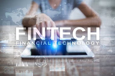 Fintech. Sanal ekran metni Finans teknolojileri. İş, internet ve teknoloji kavramı. 