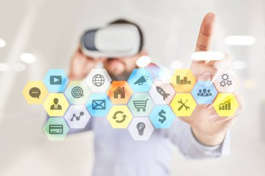 Renkli uygulamaları simgeler ve grafikler sanal ekran üzerinde. İş, internet ve teknoloji kavramı.