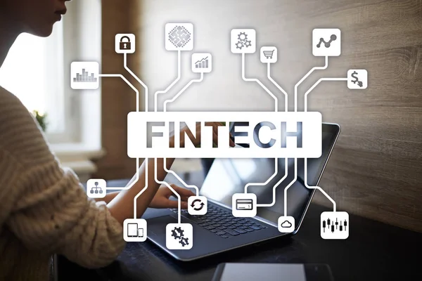 Fintech. Texto de tecnología financiera en pantalla virtual. Concepto de negocio, internet y tecnología . — Foto de Stock