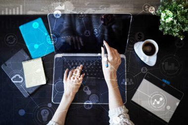 Metin, sanal ekran arka plan ile kutsal kişilerin resmi için şablon. İş, internet teknoloji ve ağ kavramı.