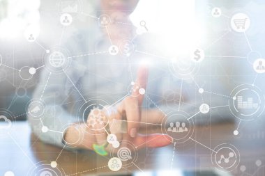 Metin, sanal ekran arka plan ile kutsal kişilerin resmi için şablon. İş, internet teknoloji ve ağ kavramı.