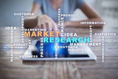 Sanal ekran üzerinde pazar araştırması kelimeler bulut.